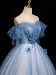 Blue A-Line Tulle Off Shoulder Beaded Sweetheart Party Dress, Long Blue Prom Dress