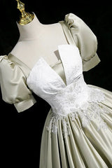 A-line Light Green Satin Short Sleeves Long Formal Dress, Light Green Satin Prom Dress