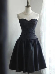 Black Satin Sweetheart Strapless Beaded Homecoming Dress, Black Short Party Dress Formal Dress