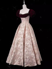A-line Pink Floral Beaded Short Sleeves Prom Dress, Pink Floor Length Evening Dress