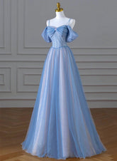 A-line Blue and Pink Beaded Tulle Long Party Dress, Blue Prom Dress