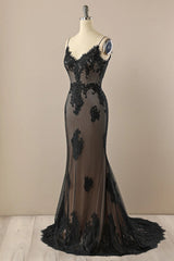 Black Mermaid V-neckline Straps Lace Party Dress, Black Mermaid Prom Dress