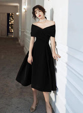 Black Velvet Tea Length Off Shoulder Party Dress, Black Short Homecoming Dress