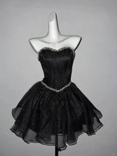 Black Tulle Beaded Sweetheart Lace-up Short Prom Dress, Black Shiny TullE Homecoming Dress