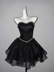 Black Tulle Beaded Sweetheart Lace-up Short Prom Dress, Black Shiny TullE Homecoming Dress