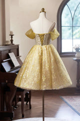 A-line Floral Tulle Knee Length Prom Dress, Sweetheart Off Shoulder Homecoming Dress