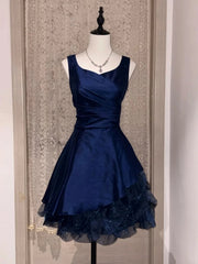 A-line Navy Blue Knee Length Homecoming Dress, Satin and Tulle Navy Blue Short Prom Dress