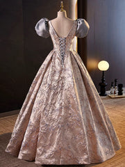 A-line Floral Satin Short Sleeves Long Prom Dress, Sweetheart Long Party Dress