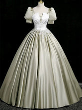 A-line Light Green Satin Short Sleeves Long Formal Dress, Light Green Satin Prom Dress