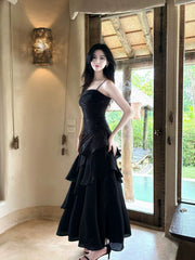 Black Satin Mermaid Straps Chic Long Party Dress, Black Satin Prom Dress Evening Dress