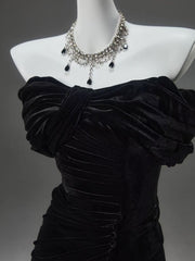 Black Velvet Mermaid Off Shoulder Long Evening Dress, Black Velvet Prom Dress Party Dress