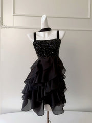 Black Sequins and Organza Tiered Ruffle Short Party Dress, Black Straps Knee Length Homecoming Dress
