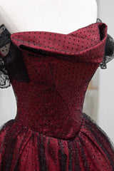 Black and Red Off Shoulder A-line Party Dress, Simple Style Prom Dress Evening Dress
