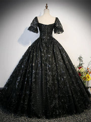 Black Lace Short Sleeves Long Evening Dress, Black Sweetheart Prom Dress Party Dress