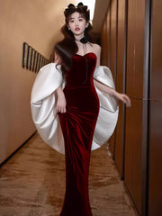 Beautiful Velvet Mermaid Strapless Long Formal Gown, Velvet Floor Length Prom Dress