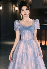 Blue A-line Short Sleeves Party Dress Prom Dress, Blue Floral Evening Dress
