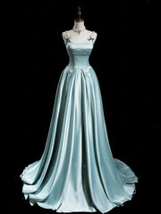 A-line Blue Satin Straps Long Prom Dress, Blue Satin Lace-up Formal Dress