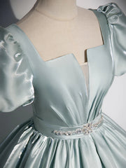 A-line Green Satin Short Sleeves Prom Dress Party Dress, Light Green Beaded Prom Dress