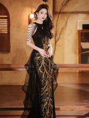 Black Sequins Halter Beaded Floor Length Party Dress, Black Sequins Long Prom Dress