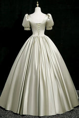 A-line Light Green Satin Short Sleeves Long Formal Dress, Light Green Satin Prom Dress