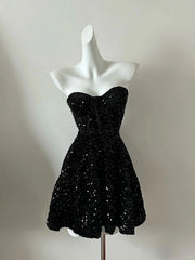 Black Sequins Short Homecoming Dress, Black Strapless Sequin A Line Party Dress Cocktail Dress