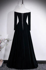 A-line Black Velvet Long Sleeves Beaded Prom Dress, Black Round Neckline Party Dress