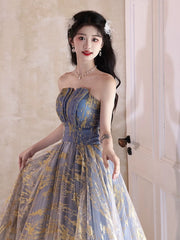 A-line Blue Gradient Tulle Scoop Long Party Dress, Blue Tulle Prom Dress
