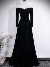 A-line Black Velvet Long Sleeves Beaded Prom Dress, Black Round Neckline Party Dress