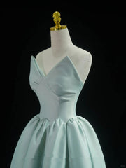 Blue A-line V-neckline Strapless Long Evening Dress, Black Satin Prom Dress