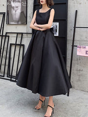 Black Satin Backless Tea Length Party Dress, Black Short Prom Dress