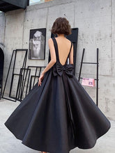 Black Satin Backless Tea Length Party Dress, Black Short Prom Dress
