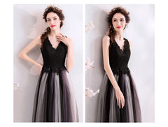 Black V-neckline Lace and Tulle Gradient Long Evening Dress Party Dress, Black Formal Dress Prom Dress