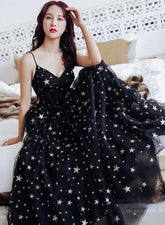 Black V-neckline Tulle Straps Low Back Long Evening Dress Prom Dress, Black Formal Dresses