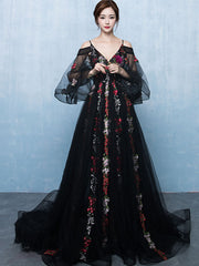 Black Lace Floral Tulle Unique Long Formal Dress, Black Evening Dress Party Dress