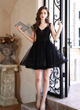 Black V-neckline Straps Short Party Dress, Black Tulle Homecoming Dress