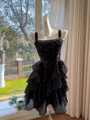 Black Sequins and Organza Tiered Ruffle Short Party Dress, Black Straps Knee Length Homecoming Dress