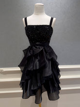 Black Sequins and Organza Tiered Ruffle Short Party Dress, Black Straps Knee Length Homecoming Dress