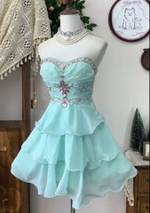 A-line Blue Chiffon Beaded Sweetheart Homecoming Dress, Blue Layers Short Party Dress