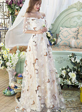 Beautiful Light Champange Off Shoulder Long Party Dress, A-line Floor Length Prom Dress