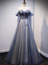 Blue and Grey Tulle Long Sweetheart Party Dress, Tulle A-line Formal Dress