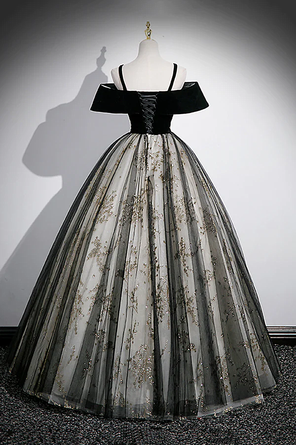Black Off Shoulder Tulle with Lace Long Formal Dress, Black Sweet 16 Dress