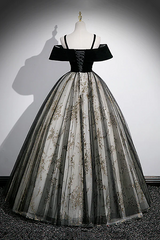 Black Off Shoulder Tulle with Lace Long Formal Dress, Black Sweet 16 Dress