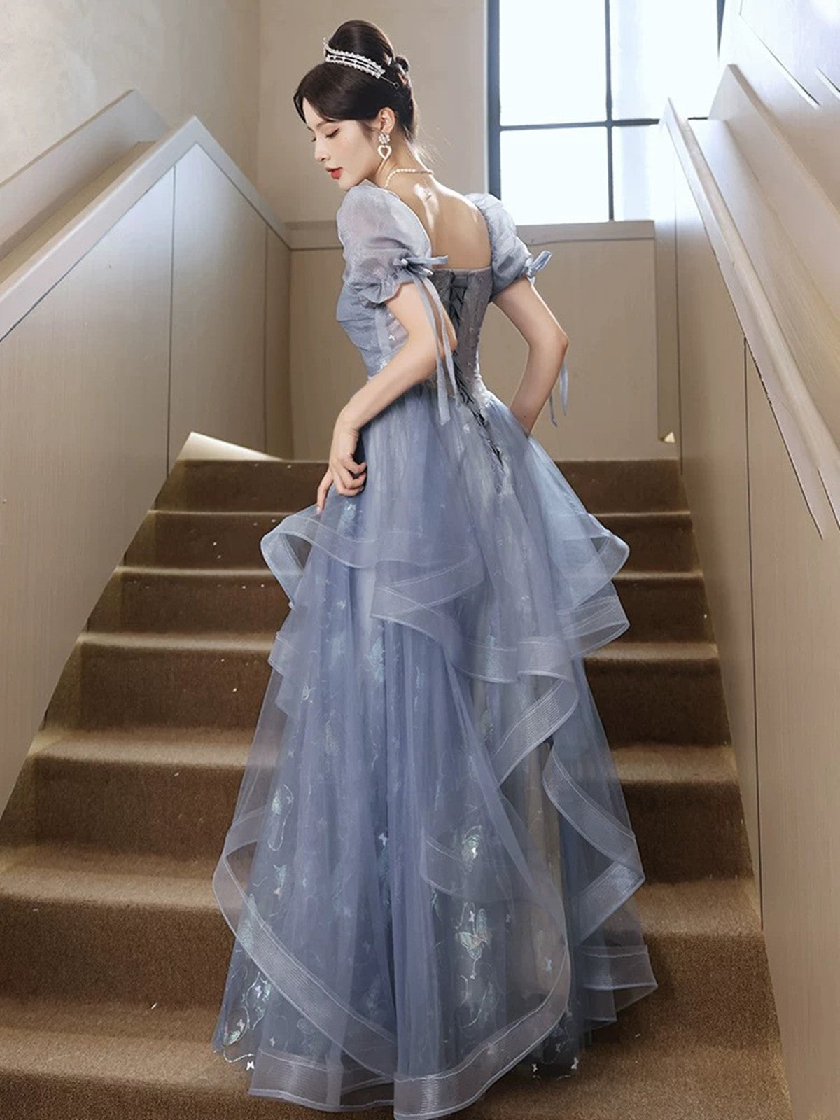 A-Line Blue Tulle With Lace Applique  Formal Dress, Blue Tulle Short Sleeves Long Prom Dress
