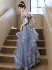 A-Line Blue Tulle With Lace Applique  Formal Dress, Blue Tulle Short Sleeves Long Prom Dress