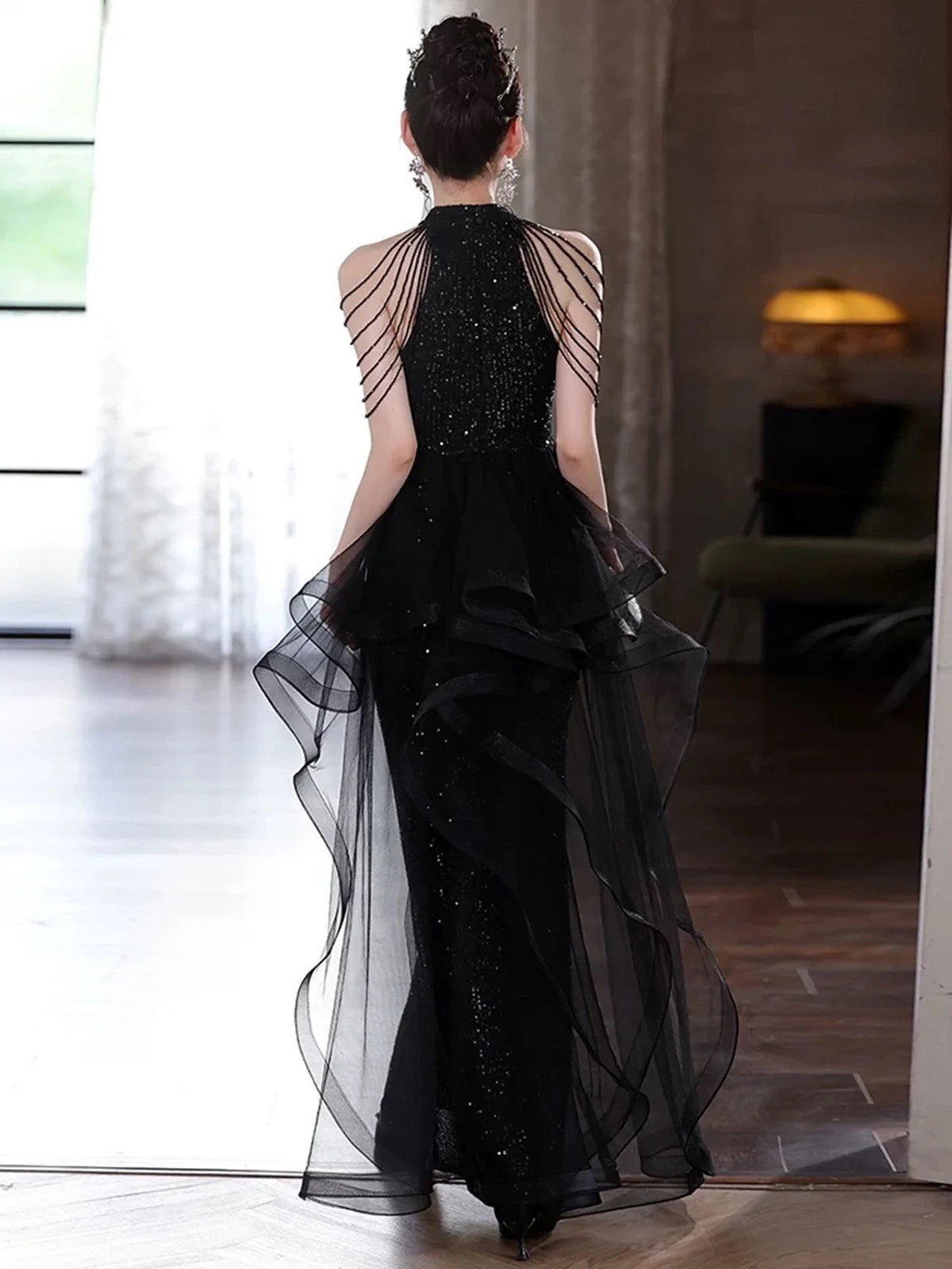 Black Sequines High Neck Formal Evening Gown with Tulle, Tiered Ruffle Tulle Black Prom Dress