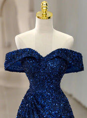 A-line Blue Sequins Off Shoulder Prom Dress, Blue Sequins Evening Dress