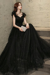 Black Tulle Sweetheart Long Party Dress, Black Beaded Tulle Formal Dress Prom Dress