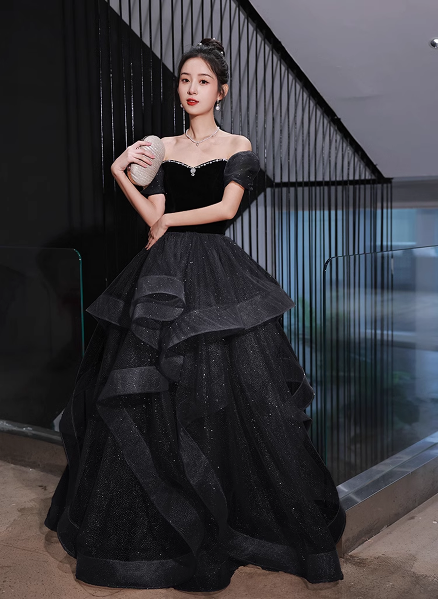 Black Velvet and Tulle Off Shoulder Long Formal Dress, Black Evening Dress Party Dress