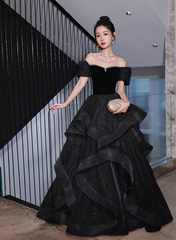 Black Velvet and Tulle Off Shoulder Long Formal Dress, Black Evening Dress Party Dress