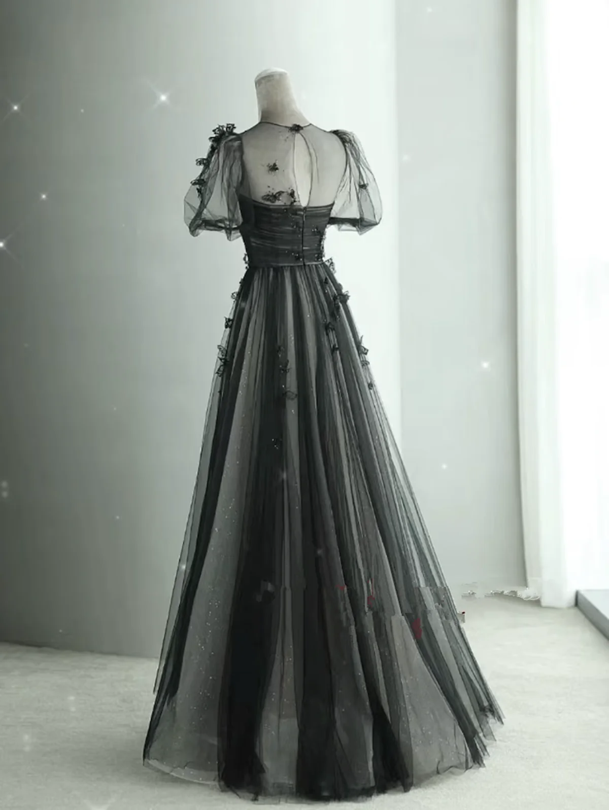 Black Round Neckline Tulle A-line Party Dress, Black Tulle Evning Dress Prom Dress